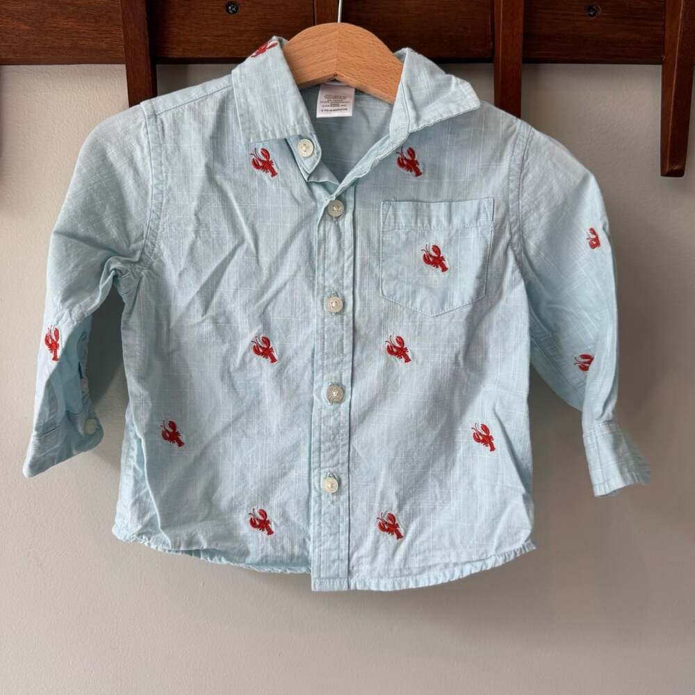 Janie and Jack Button Down Shirt Size 6-12 Months Blue Lobster Print Cotton
